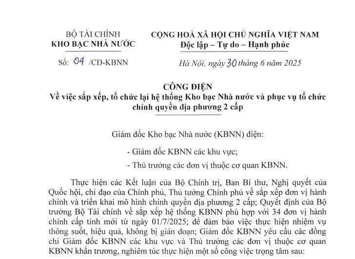 Công điện 04: Sắp xếp tổ chức lại hệ thống Kho bạc Nhà nước và tổ chức chính quyền địa phương 2 cấp 