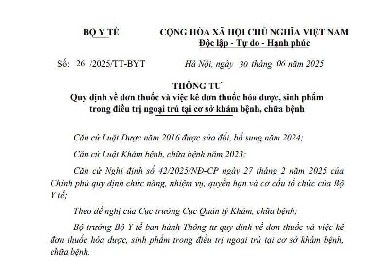 Đã có Thông tư 26/2025/TT-BYT về đơn thuốc và kê đơn thuốc hóa dược, sinh phẩm trong điều trị ngoại trú từ 01/7/2025 