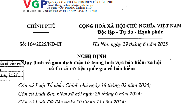 Đã có Nghị định 164/2025/NĐ-CP về giao dịch điện tử trong bảo hiểm xã hội và CSDL quốc gia về bảo hiểm 