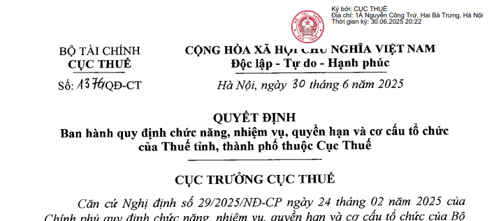 Thuế tỉnh, thành phố sẽ có cơ cấu tổ chức mới, các chức năng mới của Thuế tỉnh, thành phố từ 01/7/2025