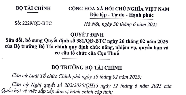 Chính thức đã có cơ cấu tổ chức mới của Cục Thuế từ 01/7/2025 theo Quyết định 2229/BTC-TCCB