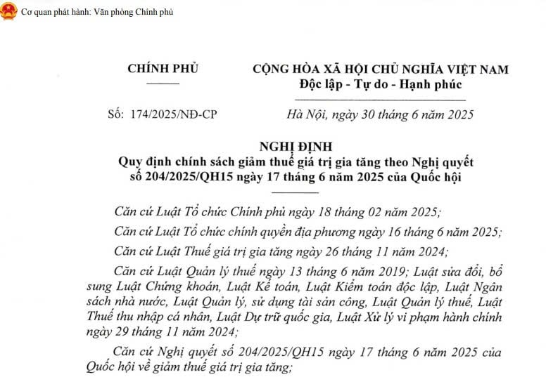 Đã có Nghị định 174/2025/NĐ-CP giảm thuế GTGT từ ngày 01/7/2025 đến ngày 31/12/2026 