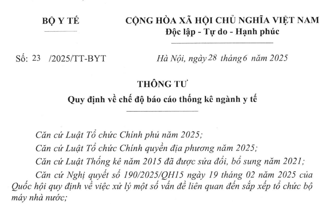 Đã có Thông tư 23/2025/TT-BYT về chế độ báo cáo thống kê ngành y tế
