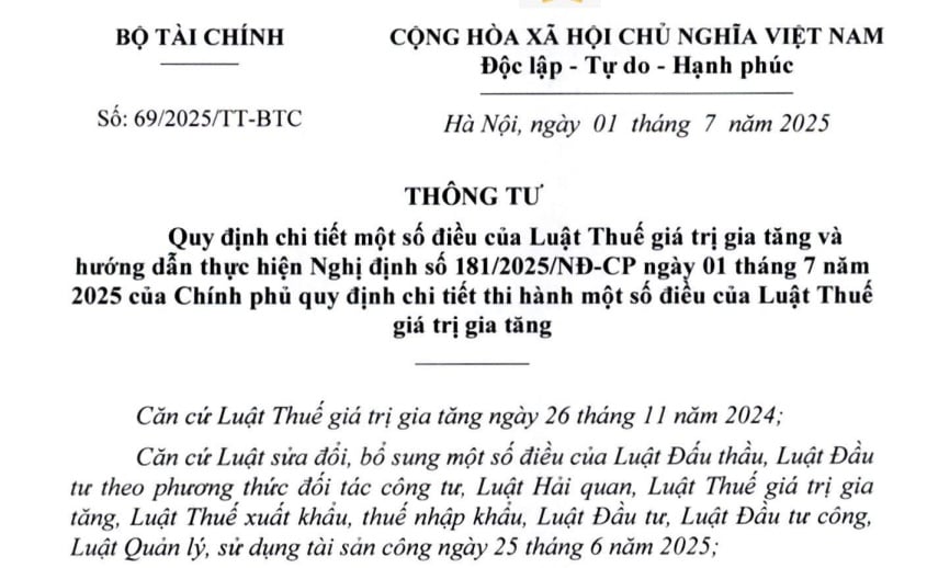 Đã có Thông tư 69/2025/TT-BTC hướng dẫn Luật Thuế giá trị gia tăng