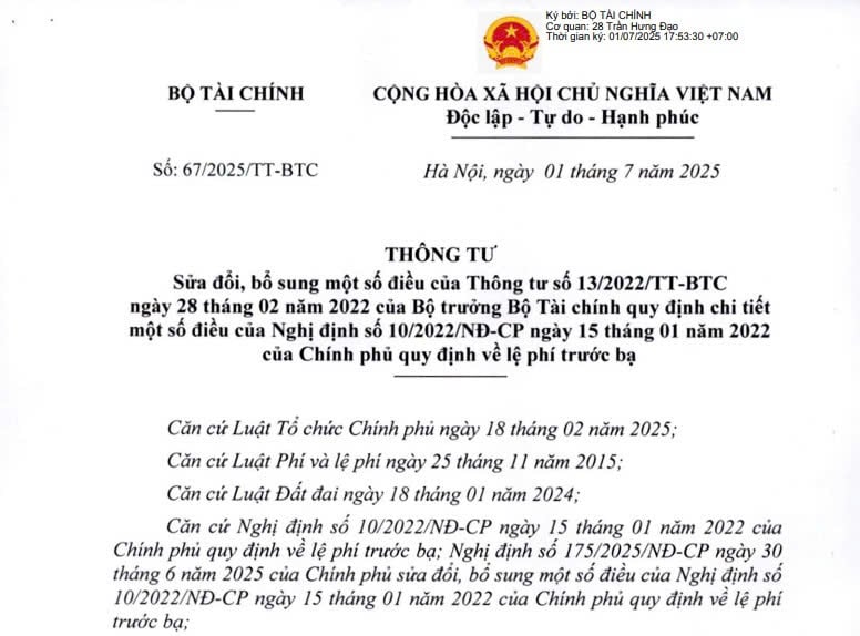 Đã có Thông tư 67/2025/TT-BTC sửa đổi Thông tư 13/2022/TT-BTC về lệ phí trước bạ từ 01/7/2025 