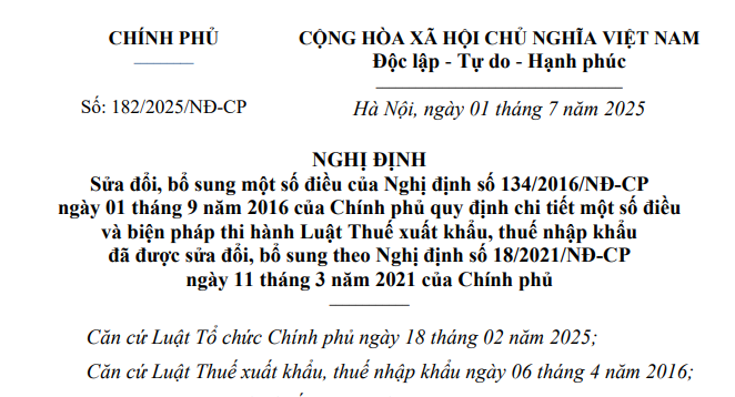 Đã có Nghị định 182/2025/NĐ-CP sửa đổi Nghị định 134/2016 hướng dẫn Luật Thuế xuất khẩu, thuế nhập khẩu