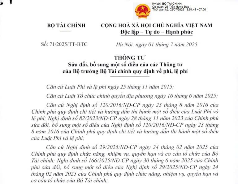 Đã có Thông tư 71/2025/TT-BTC sửa đổi các Thông tư về phí và lệ phí từ ngày 01/7/2025