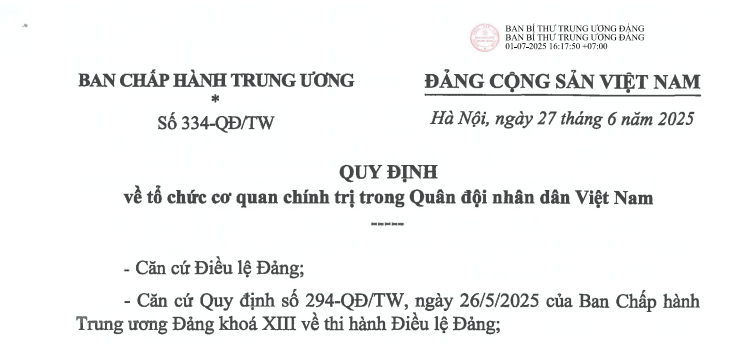 Đã có Quy định 334-QĐ/TW về tổ chức cơ quan chính trị trong Quân đội nhân dân Việt Nam