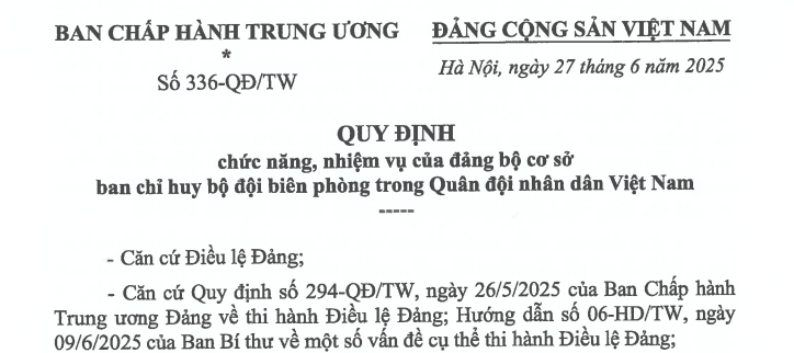 Đã có Quy định 336-QĐ/TW về chức năng nhiệm vụ đảng bộ cơ sở ban chỉ huy bộ đội biên phòng 