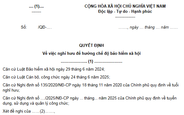 Mẫu Quyết định về việc nghỉ hưu để hưởng chế độ bảo hiểm xã hội với công chức