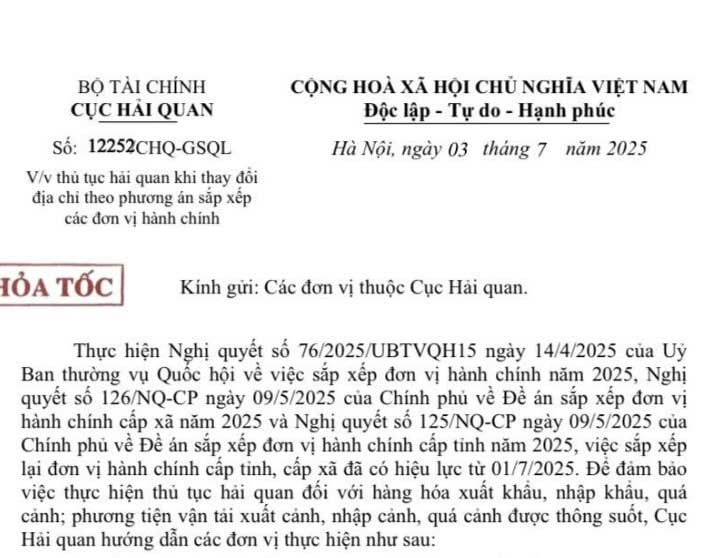 Công văn 12252: Hướng dẫn thủ tục hải quan khi thay đổi địa chỉ theo phương án sắp xếp các đơn vị hành chính