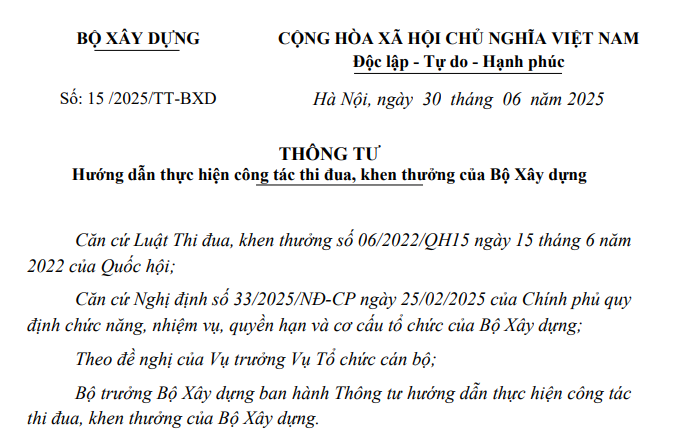 Đã có Thông tư 15/2025/TT-BXD hướng dẫn công tác thi đua khen thưởng của Bộ Xây dựng