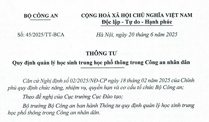 Đã có Thông tư 45/2025/TT-BCA về quản lý học sinh trung học phổ thông trong Công an nhân dân