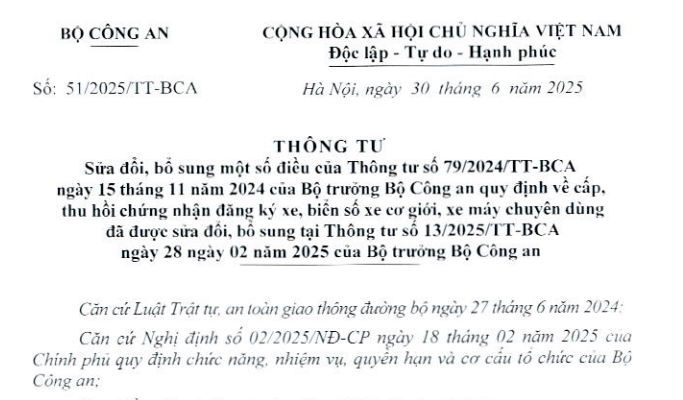 Đã có Thông tư 51/2025/TT-BCA sửa đổi quy định về biển số xe cơ giới, xe máy chuyên dùng