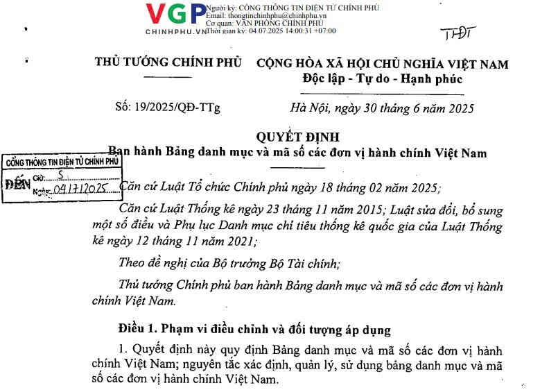 Đã có Bảng danh mục và mã số các đơn vị hành chính cấp tỉnh và cấp xã Việt Nam từ ngày 01/7/2025