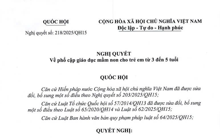 Toàn văn Nghị quyết 218/2025/QH15 phổ cập giáo dục mầm non cho trẻ em từ 3 đến 5 tuổi