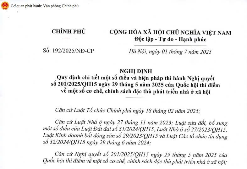 Đã có Nghị định 192/2025/NĐ-CP thi hành Nghị quyết 201 thí điểm cơ chế đặc thù phát triển nhà ở xã hội