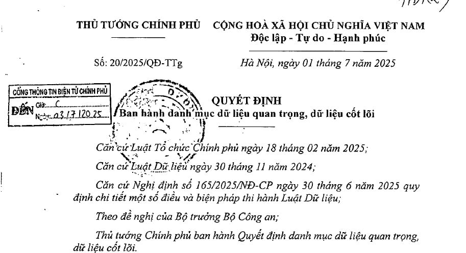 Danh mục dữ liệu quan trọng, dữ liệu cốt lõi theo Quyết định 20/2025/QĐ-TTg