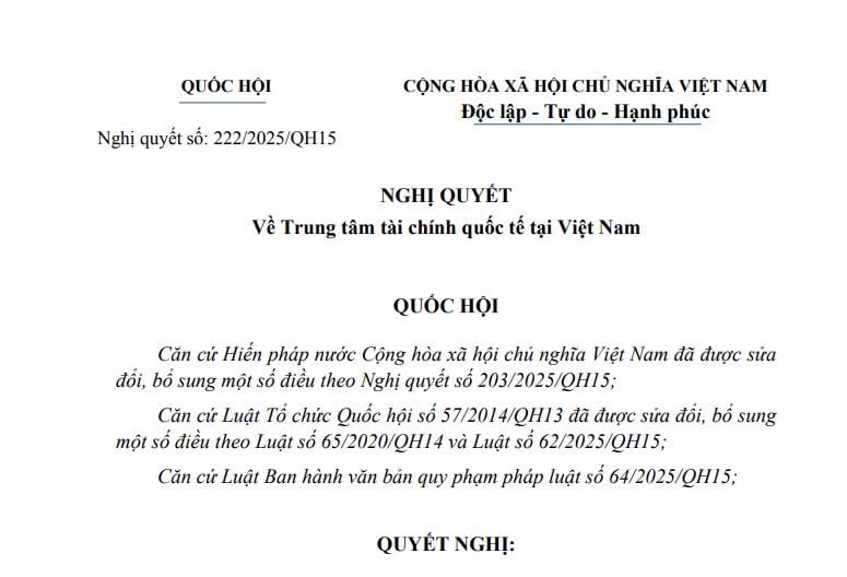 Đã có Nghị quyết 222/2025/QH15 về Trung tâm tài chính quốc tế tại Việt Nam từ ngày 01/9/2025