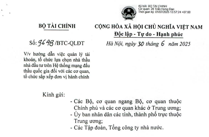 Công văn 9648: Hướng dẫn sử dụng Hệ thống mạng đấu thầu sau sắp xếp đơn vị hành chính