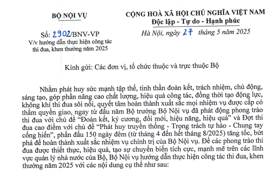 Công văn 2902/BNV-VP hướng dẫn thực hiện công tác thi đua khen thưởng năm 2025 của Bộ Nội vụ