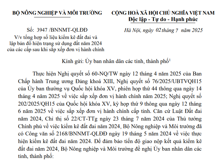 Công văn 3947: Tổng hợp số liệu kiểm kê đất đai và lập bản đồ hiện trạng sử dụng đất 2024