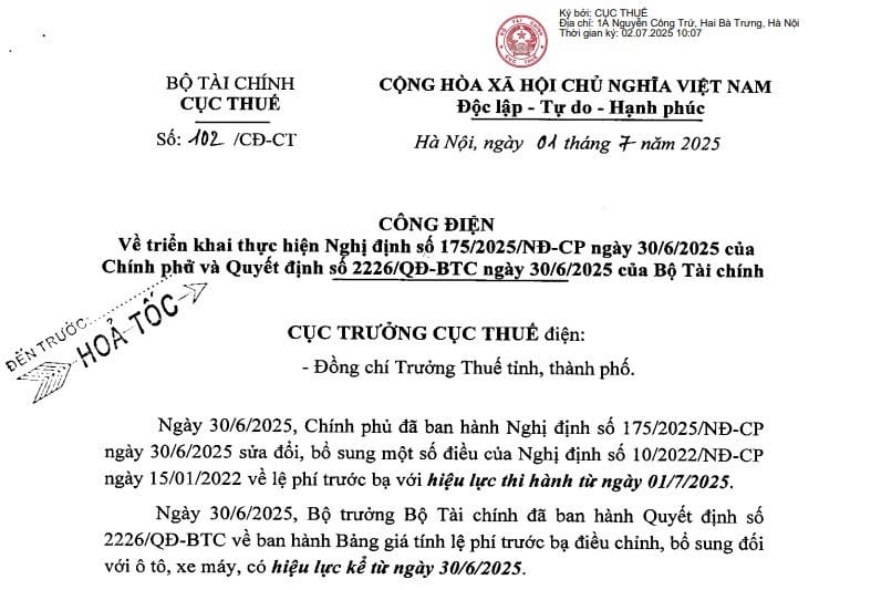 Toàn văn Công điện 102/CĐ-CT triển khai Nghị định 175/2025 và Quyết định 2226/QĐ-BTC về lệ phí trước bạ