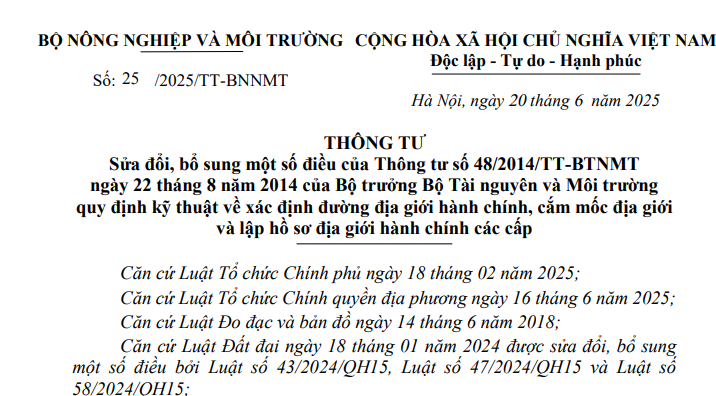 Đã có Thông tư 25/2025/TT-BNNMT sửa đổi cách xác định địa giới hành chính các cấp