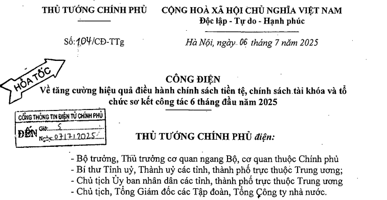 Đã có Công điện 104/CĐ-TTg chỉ đạo hoả tốc về chính sách tiền tệ tài khóa