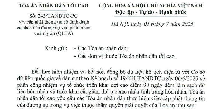 Công văn 243: Hướng dẫn cập nhật thông tin số định danh cá nhân của đương sự vào phần mềm quản lý án