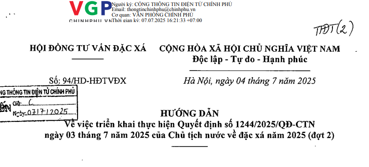 Đã có Hướng dẫn 94/HD-HĐTVĐX về triển khai đặc xá năm 2025 (đợt 2) tại Quyết định 1244/2025/QĐ-CTN