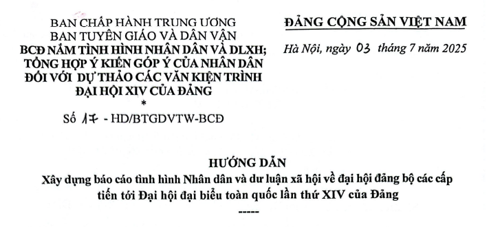 Đã có Hướng dẫn 17-HD/BTGDVTW-BCĐ xây dựng báo cáo tình hình Nhân dân và dư luận xã hội về đại hội đảng bộ các cấp