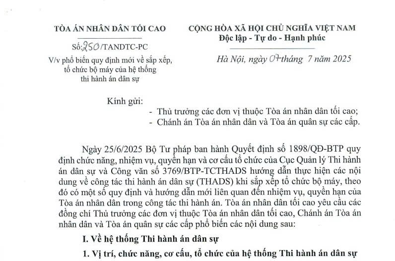 Công văn 250/TANDTC-PC: Quy định mới về tổ chức bộ máy của hệ thống thi hành án dân sự