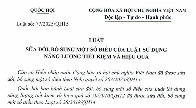 Đã có Luật Sử dụng năng lượng tiết kiệm và hiệu quả sửa đổi 2025 Luật số 77/2025/QH15