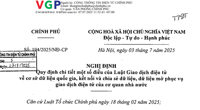 Đã có Nghị định 194/2025/NĐ-CP hướng dẫn Luật Giao dịch điện tử về cơ sở dữ liệu quốc gia