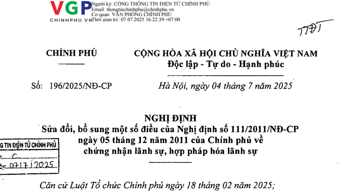 Đã có Nghị định 196/2025/NĐ-CP sửa đổi quy định về chứng nhận lãnh sự, hợp pháp hóa lãnh sự