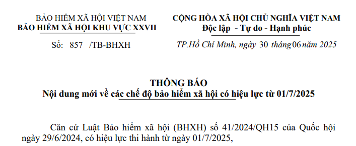 Thông báo 857: Tổng hợp các điểm mới về các chế độ bảo hiểm xã hội có hiệu lực từ 01/7/2025