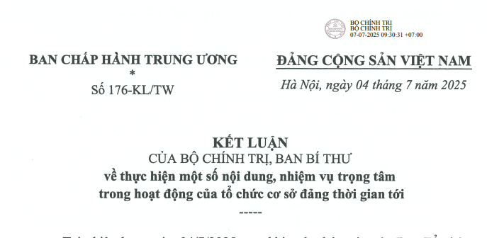 Đã có Kết luận 176-KL/TW về nhiệm vụ trọng tâm trong hoạt động của tổ chức cơ sở đảng thời gian tới