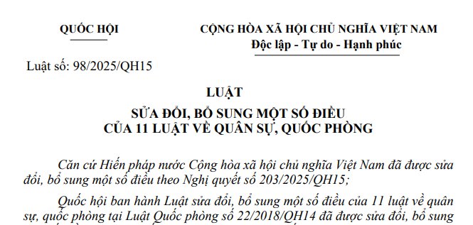 Đã có Luật số 98/2025/QH15 Luật sửa đổi 11 Luật về quân sự, quốc phòng 2025