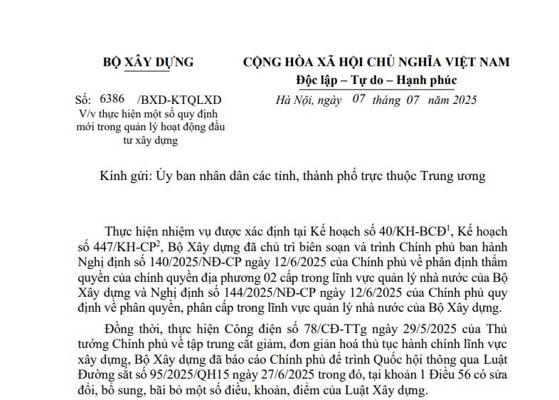 Công văn 6386: Hướng dẫn một số quy định mới trong quản lý hoạt động đầu tư xây dựng