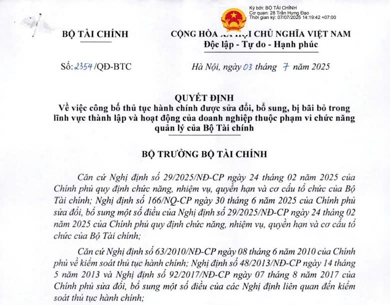 Đã có Quyết định 2354/QĐ-BTC về các thủ tục thành lập và hoạt động của doanh nghiệp được sửa đổi từ 03/7/2025 