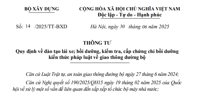 Đã có Thông tư 14/2025/TT-BXD về đào tạo lái xe và cấp chứng chỉ giao thông đường bộ