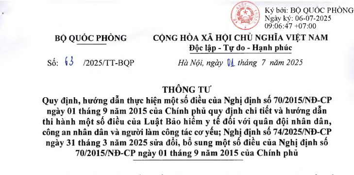 Đã có Thông tư 63/2025/TT-BQP về Bảo hiểm y tế đối với quân đội, công an, cơ yếu