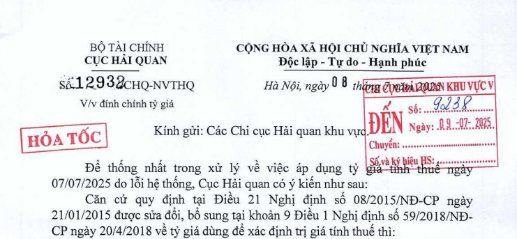 Công văn hoả tốc của Cục Hải quan về đính chính tỷ giá tính thuế 