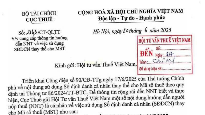 Đã có Công văn 2163/CT-QLTT hướng dẫn người nộp thuế sử dụng số định danh cá nhân thay cho mã số thuế