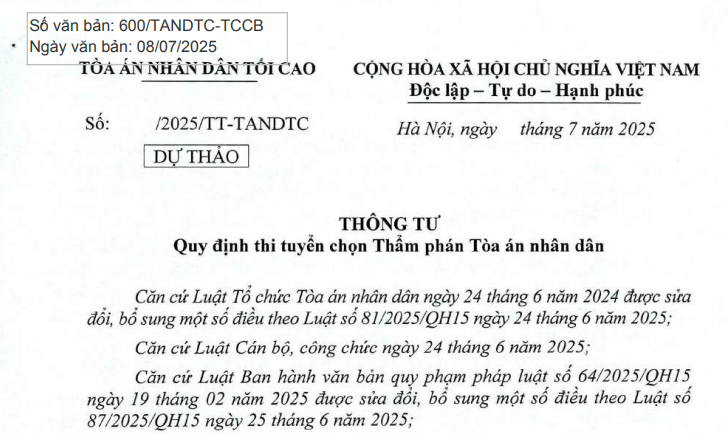 Đã có dự thảo Thông tư quy định thi tuyển chọn Thẩm phán Tòa án nhân dân
