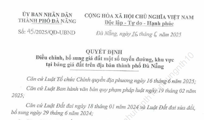 [Cập nhập] Bảng giá đất TP Đà Nẵng sau sáp nhập tỉnh, bảng giá đất mới của TP Đà Nẵng