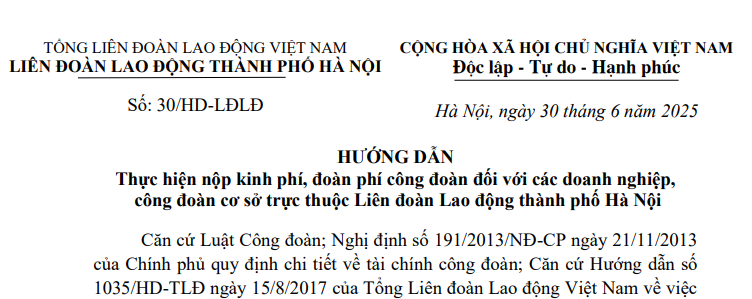 Hướng dẫn nộp kinh phí, đoàn phí công đoàn đối với doanh nghiệp, công đoàn cơ sở theo Hướng dẫn 30/HD-LĐLĐ