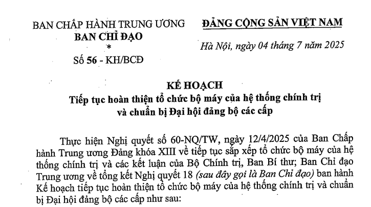 Đã có toàn văn Kế hoạch 56-KH/BCĐ về tiếp tục hoàn thiện tổ chức bộ máy