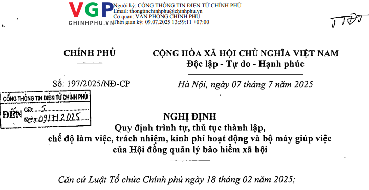 Đã có Nghị định 197/2025/NĐ-CP về chế độ làm việc và bộ máy giúp việc của Hội đồng quản lý bảo hiểm xã hội